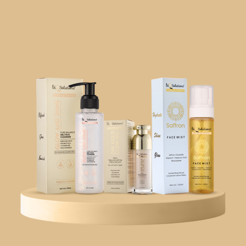 GLOW AND SHINE PURE BALANCE GEL FACE CLEANSER + SAFFRON GLOW FACE MIST + 24K GOLD GLOW FACE OIL