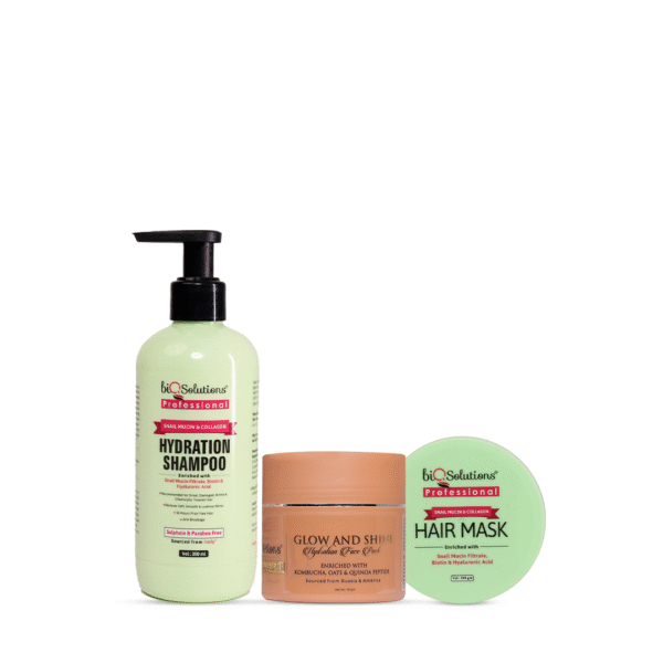 ULTIMATE REPAIR AND GLOW SET- SNAIL MUCIN AND COLLAGEN SHAMPOO (300 ML) + HAIR MASK (200 GMS) + GLOW AND SHINE HYDRATION FACE PACK