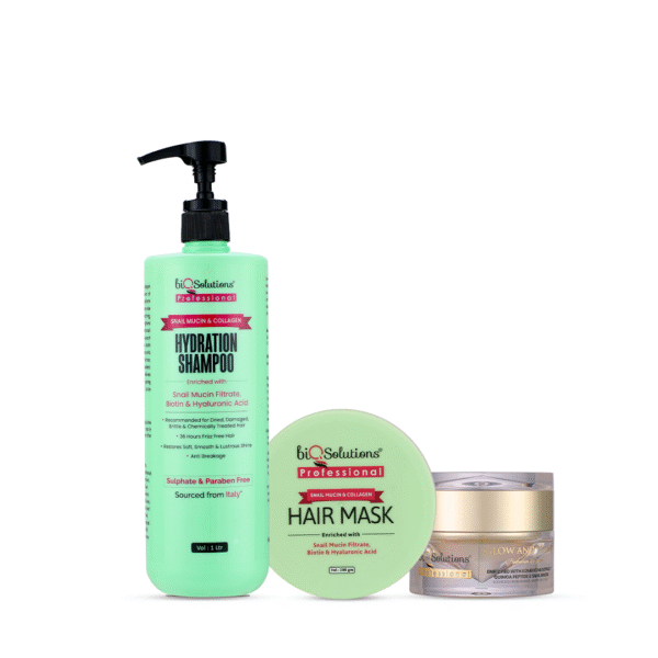 MEGA REPAIR GLOW SET - SNAIL MUCIN AND COLLAGEN SHAMPOO 1 LITRE + SNAIL MUCIN AND COLLAGEN HAIR MASK 200 GMS + GLOW AND SHINE HYDRATION CREAM