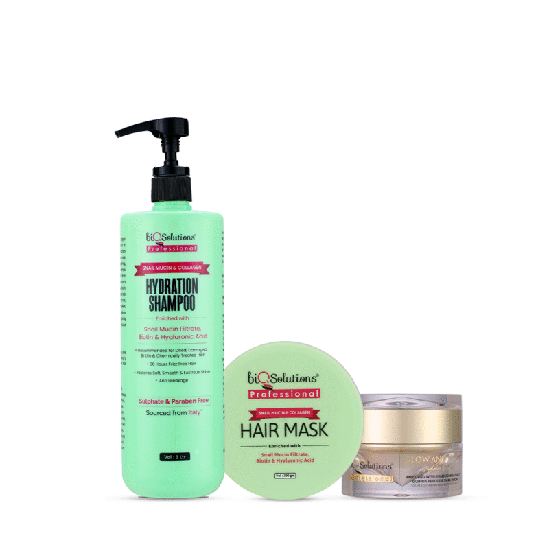 MEGA REPAIR GLOW SET - SNAIL MUCIN AND COLLAGEN SHAMPOO 1 LITRE + SNAIL MUCIN AND COLLAGEN HAIR MASK 200 GMS + GLOW AND SHINE HYDRATION CREAM